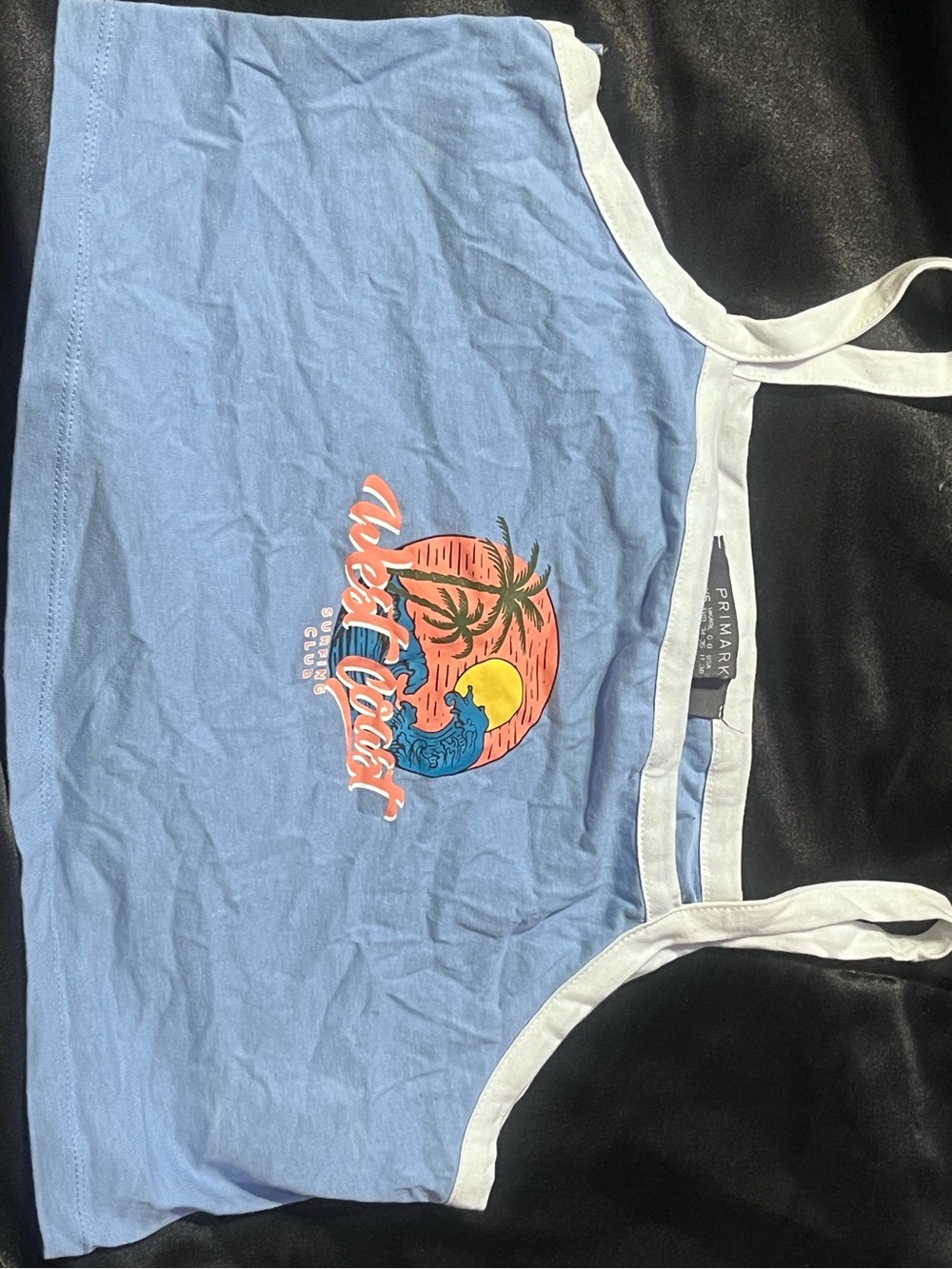 Primark Light Blue Graphic Crop Top with White Trim